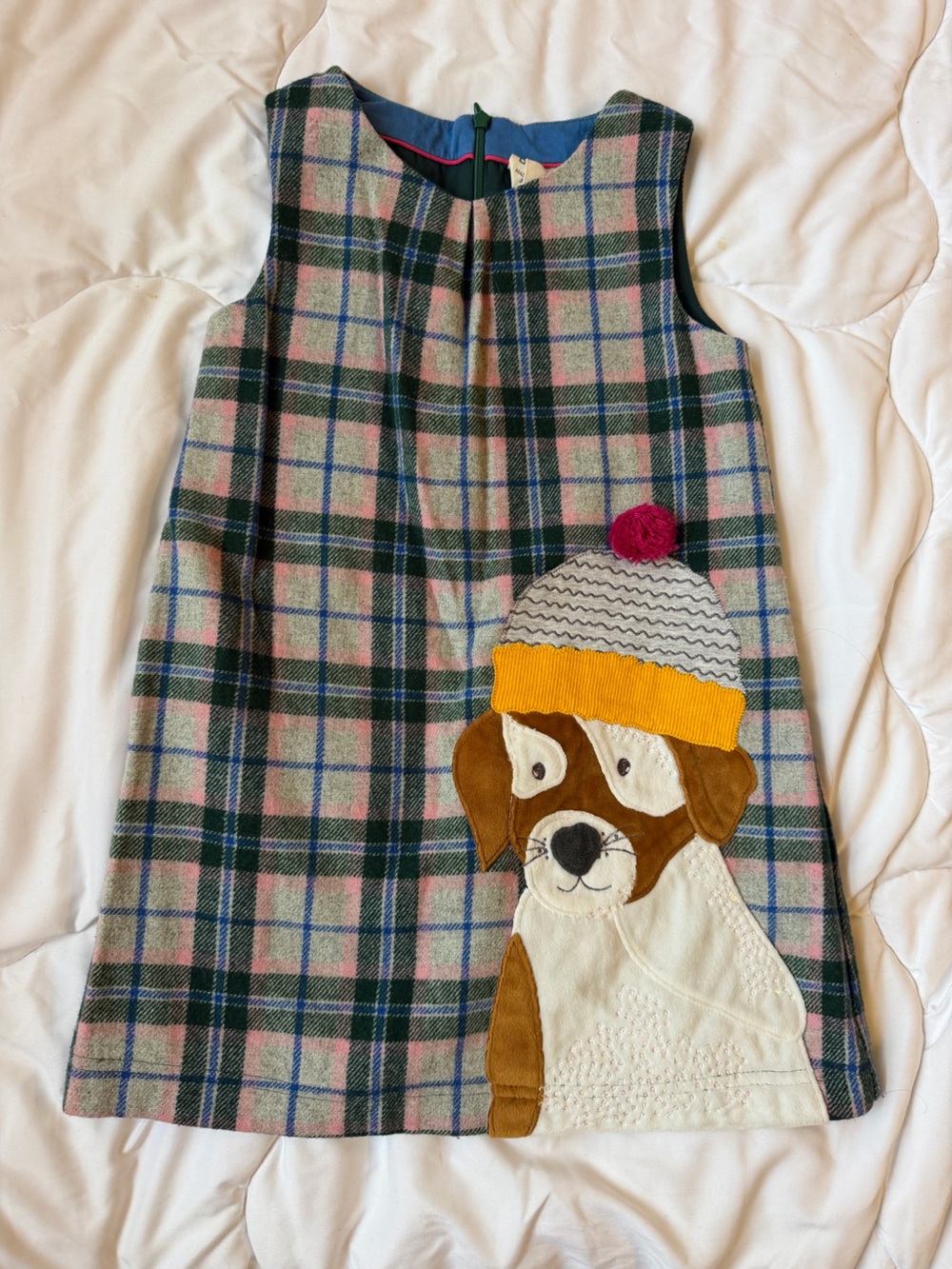 Mini Boden Plaid Dog Appliqué Dress in Pink and Green